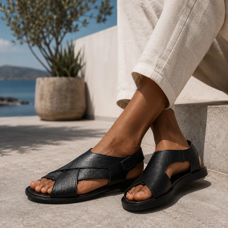 Men's Black Leather Sandals with Straps