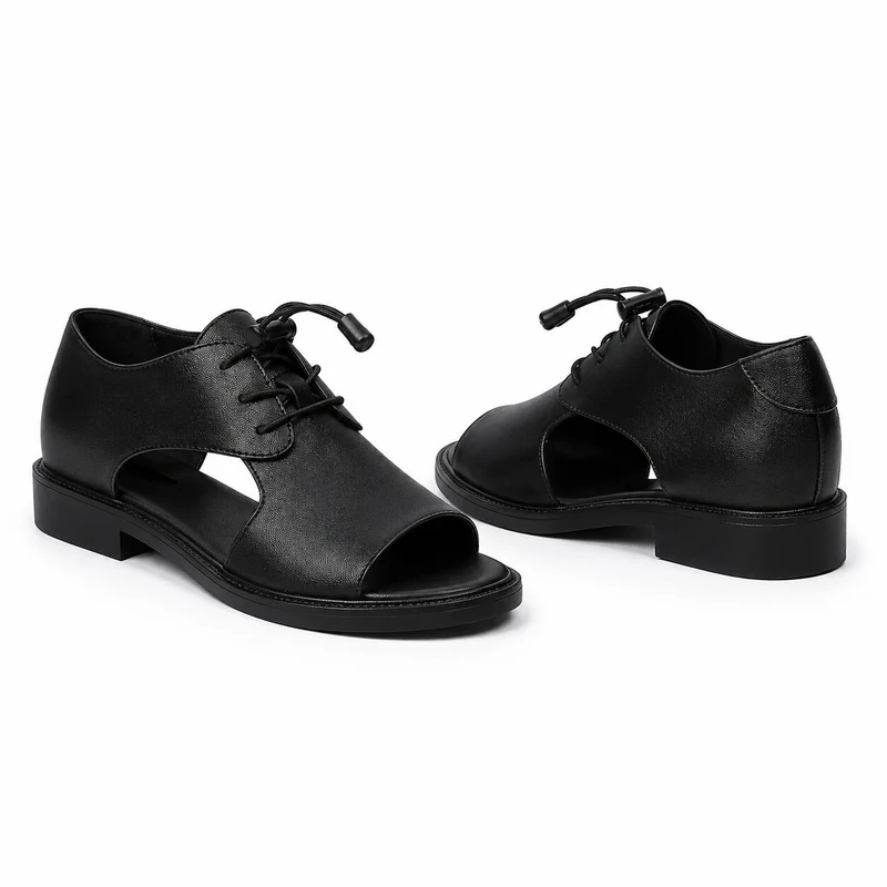 Men's Black Leather Lace-Up Sandal