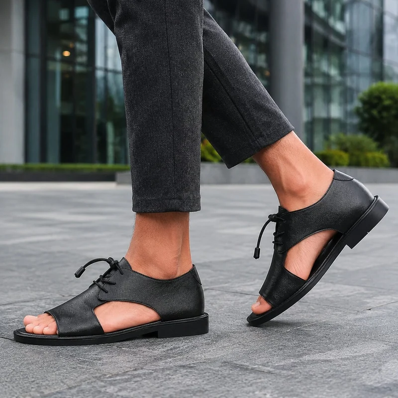 Men's Black Leather Lace-Up Sandal