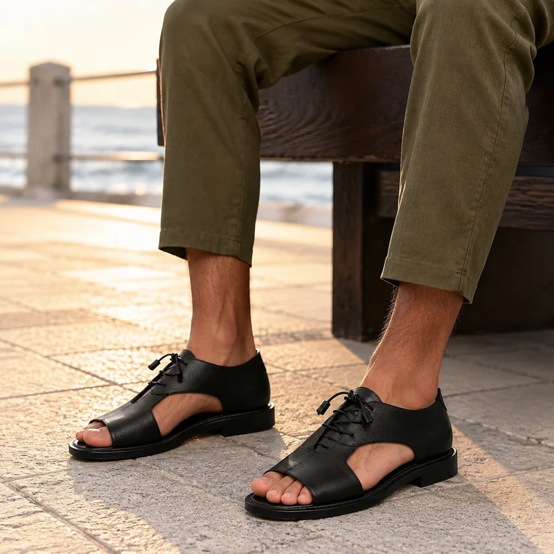 Men's Black Leather Lace-Up Sandal