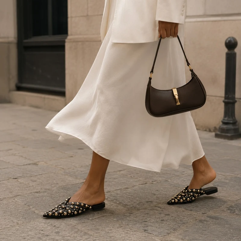 Women's Studded and Pointed Sandal with Gold Rivets