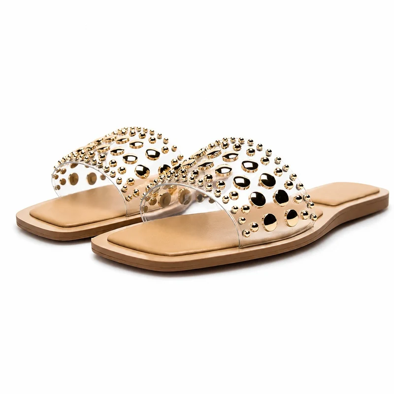 Beige Flat Studded Women's Sandal