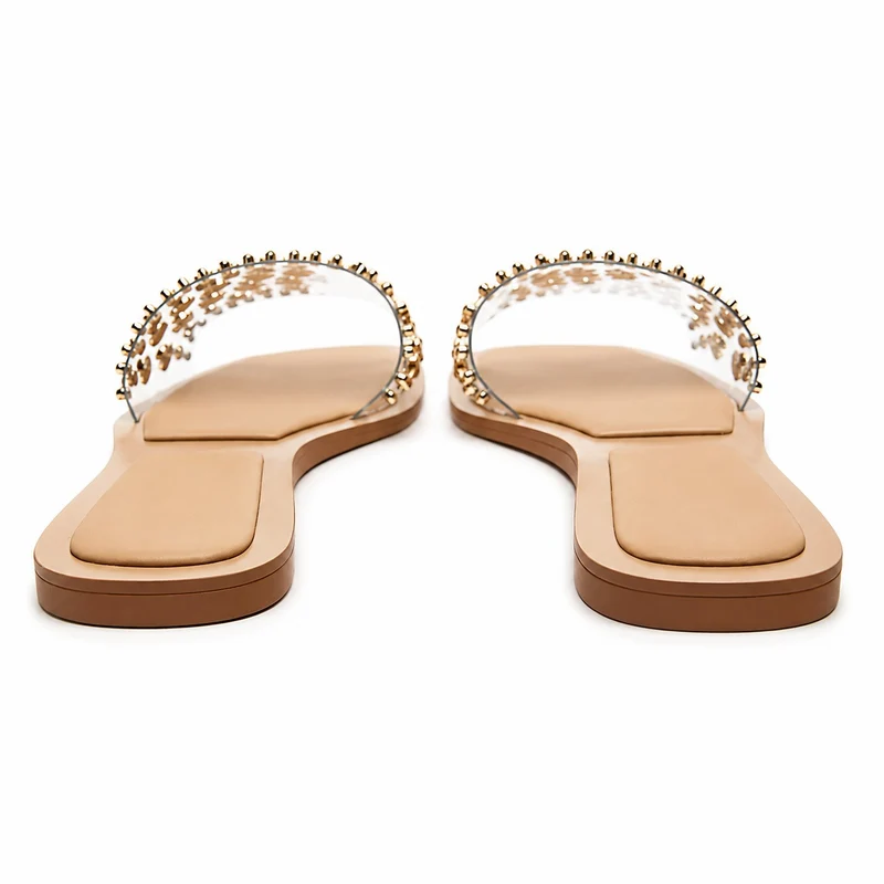 Beige Flat Studded Women's Sandal