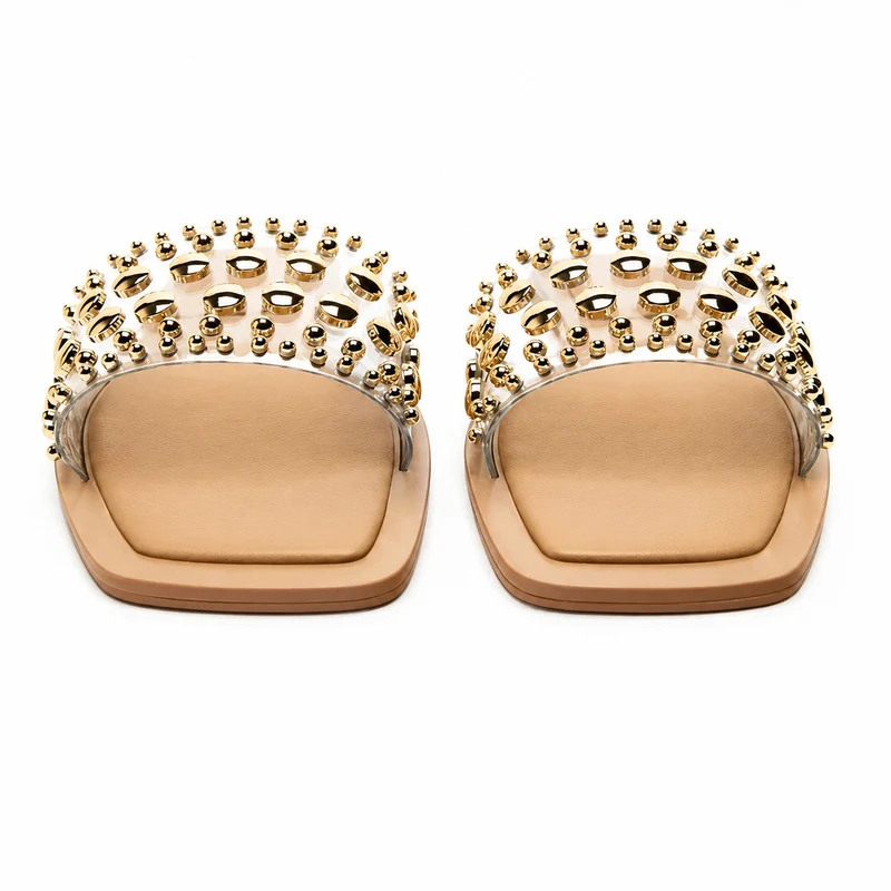 Beige Flat Studded Women's Sandal