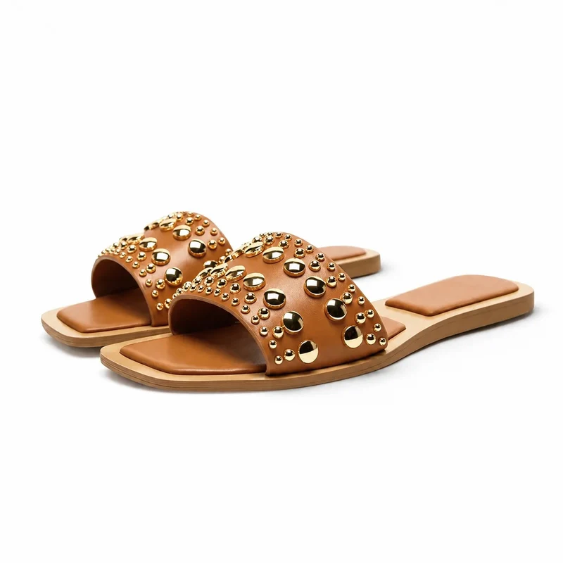 Women's Brown Studded Flat Sandal
