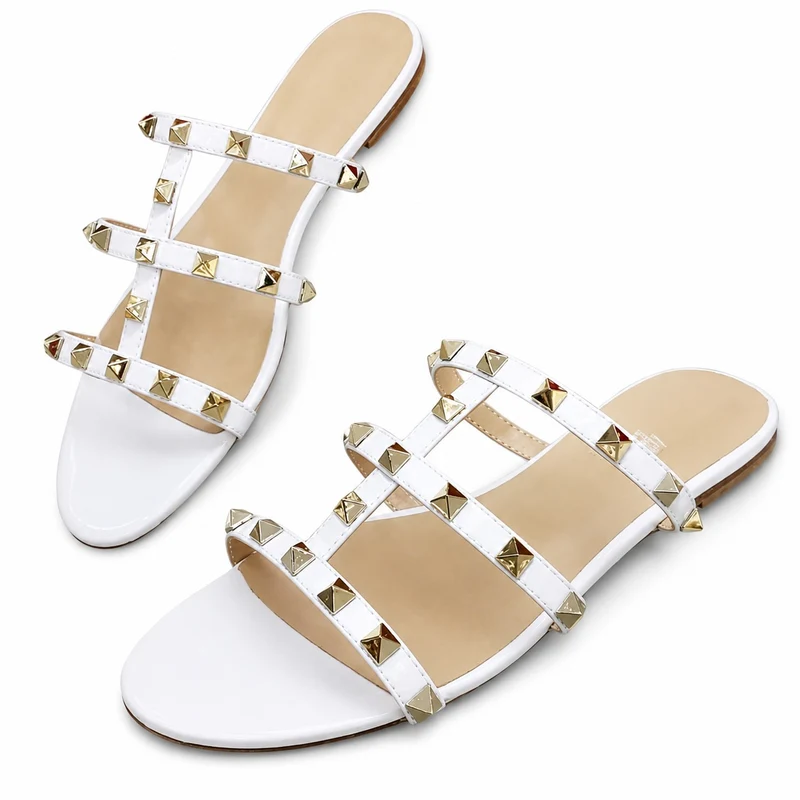 Women's White Studded Sandal with Mini Heel