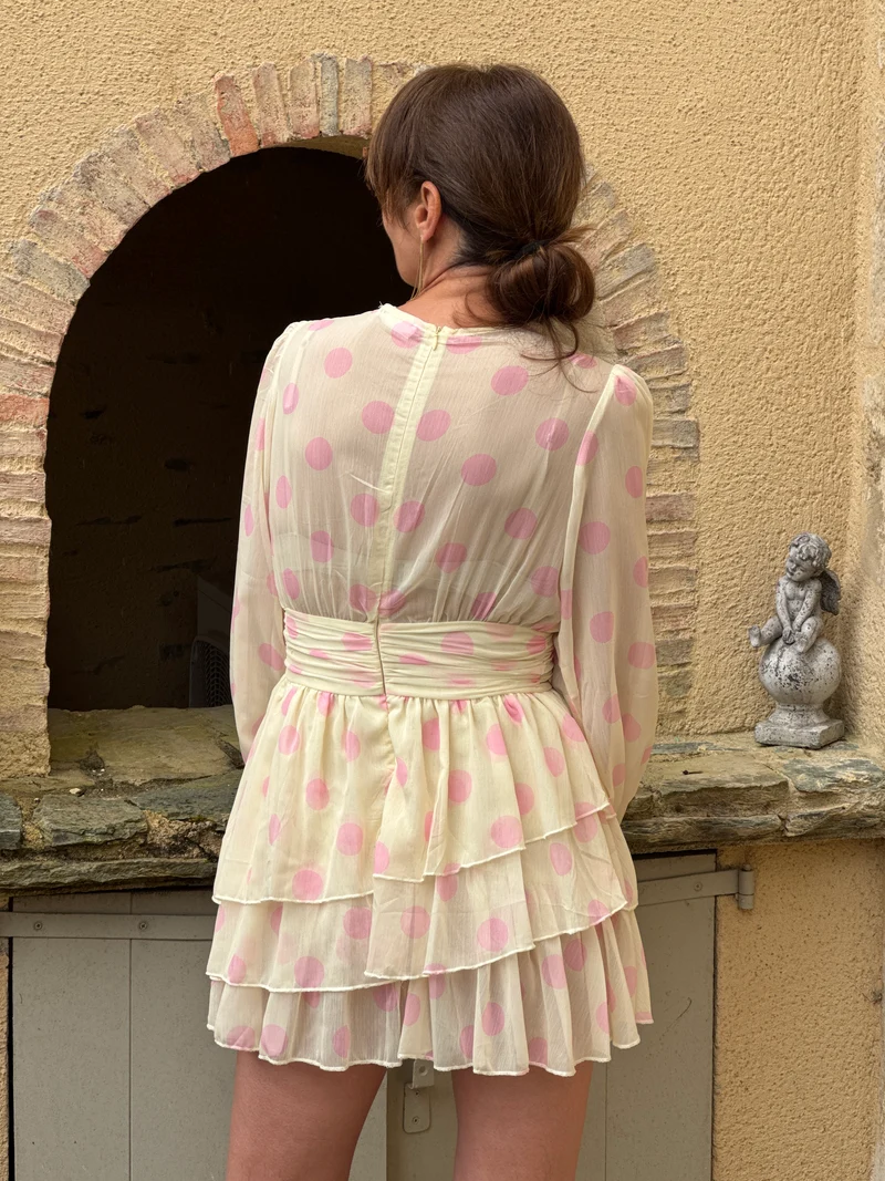 Robe patineuse courte jaune à pois roses BERENICE