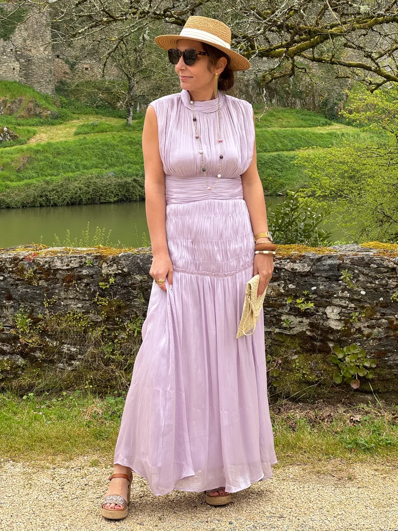 Robe manches américaines longue effet satiné lilas HORTENSE