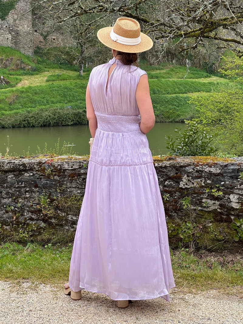 Robe manches américaines longue effet satiné lilas HORTENSE