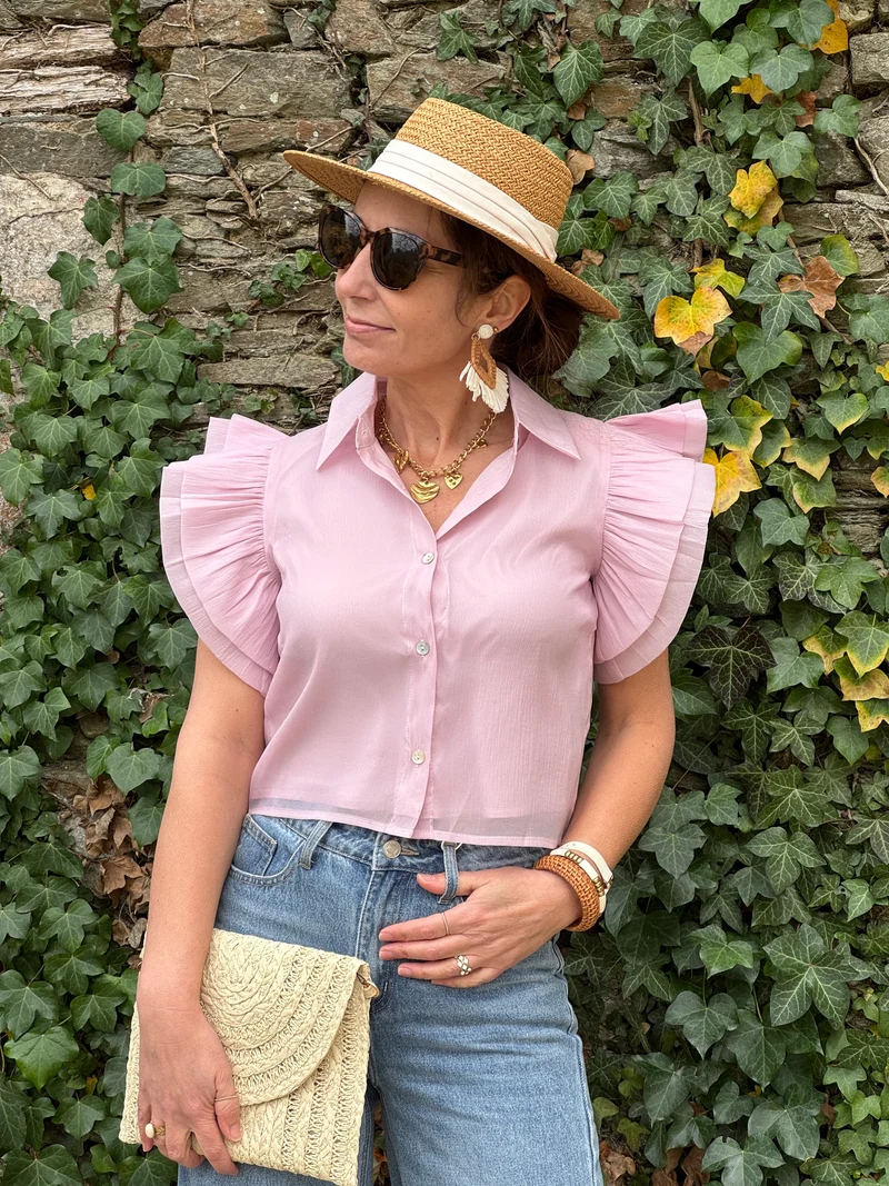 Top rose crêpe transparente INES
