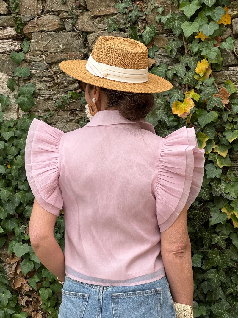 Top rose crêpe transparente INES