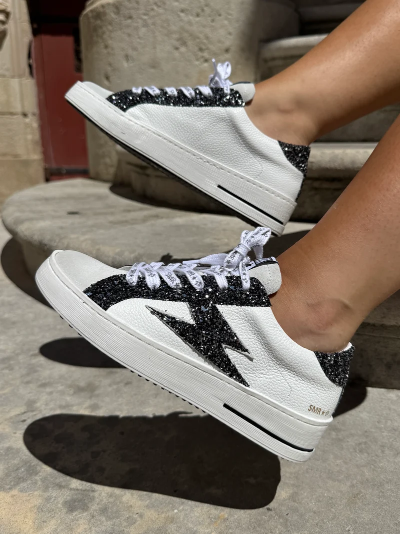 Basket blanche éclair à paillettes noir et argenté en cuir MAYA 10279 Semerdjian