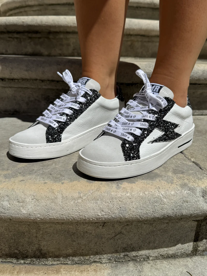 Basket blanche éclair à paillettes noir et argenté en cuir MAYA 10279 Semerdjian