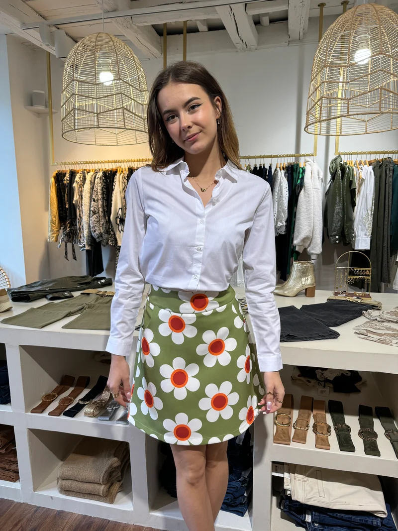 Jupe SEVENTIES n°39 floral vert, blanc, rouge et orange Hippocampe