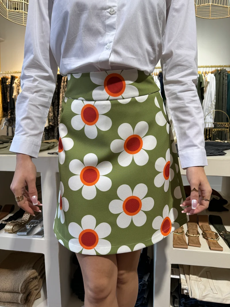 Jupe SEVENTIES n°39 floral vert, blanc, rouge et orange Hippocampe