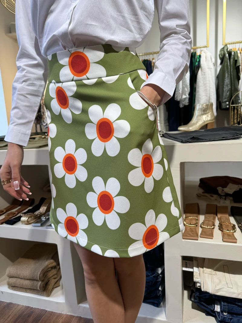 Jupe SEVENTIES n°39 floral vert, blanc, rouge et orange Hippocampe