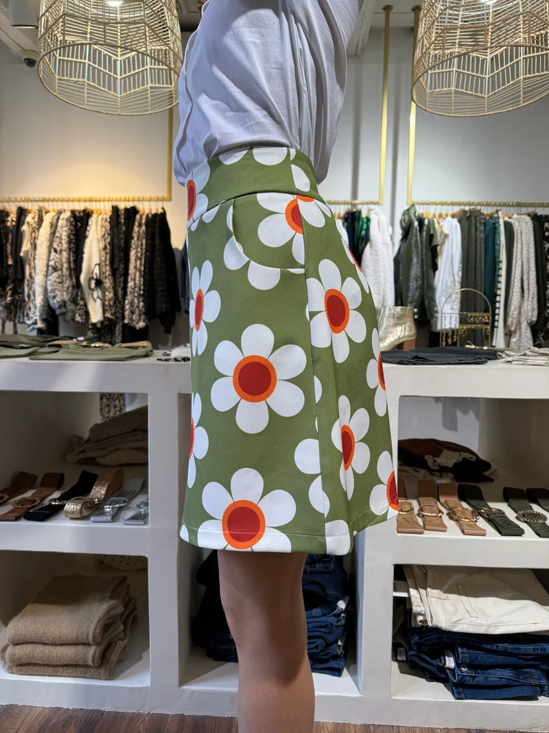 Jupe SEVENTIES n°39 floral vert, blanc, rouge et orange Hippocampe