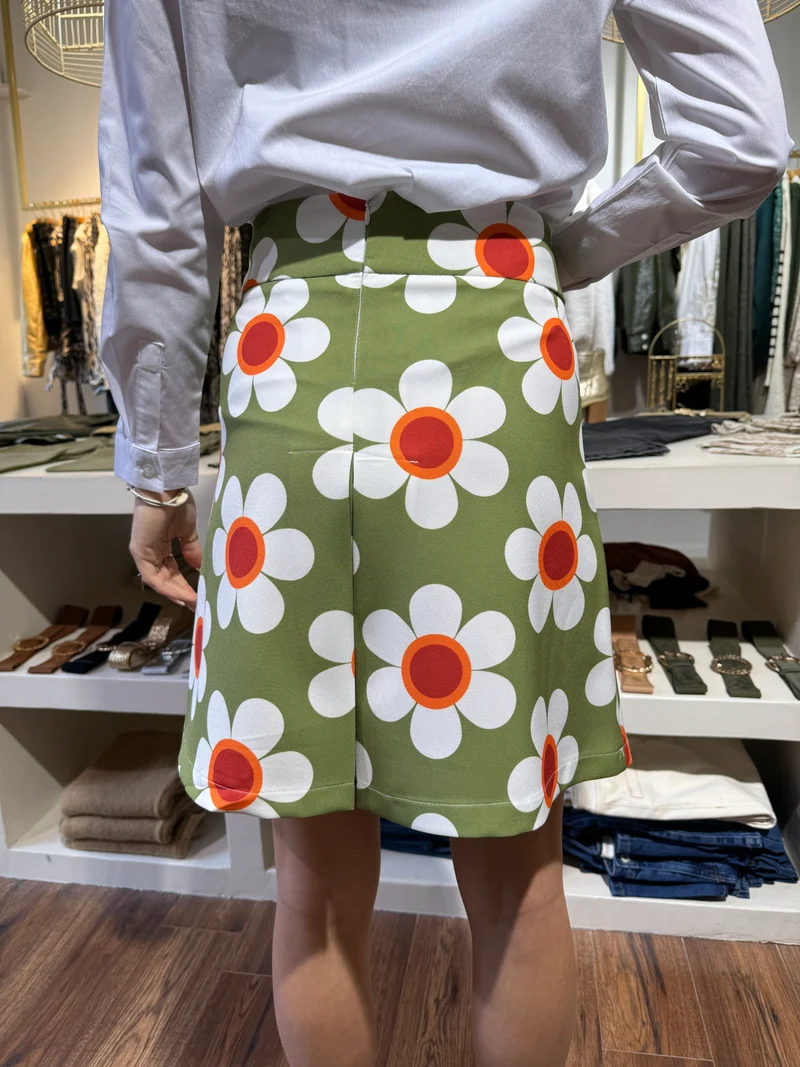 Jupe SEVENTIES n°39 floral vert, blanc, rouge et orange Hippocampe