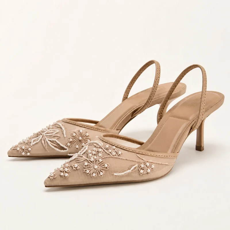 Embroidered Mesh Heeled Sandals