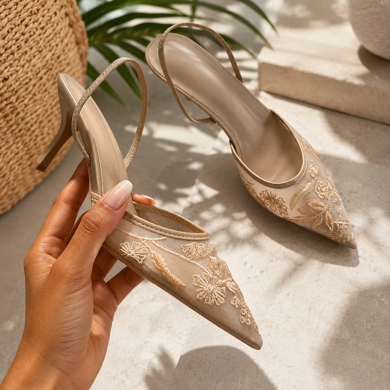 Embroidered Mesh Heeled Sandals