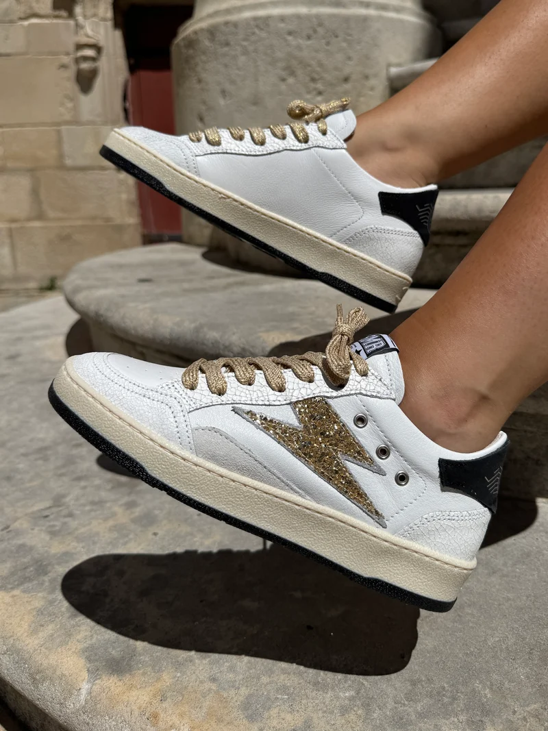 Basket blanche en cuir éclair à paillettes doré DANY C837 Semerdjian