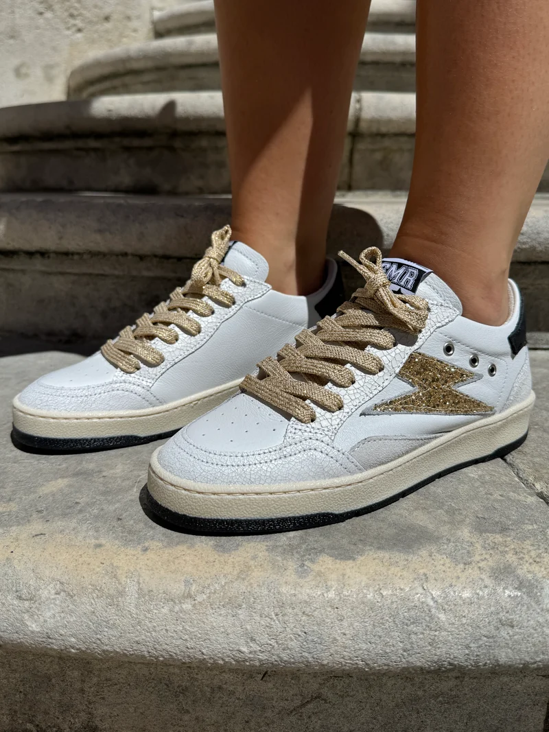 Basket blanche en cuir éclair à paillettes doré DANY C837 Semerdjian