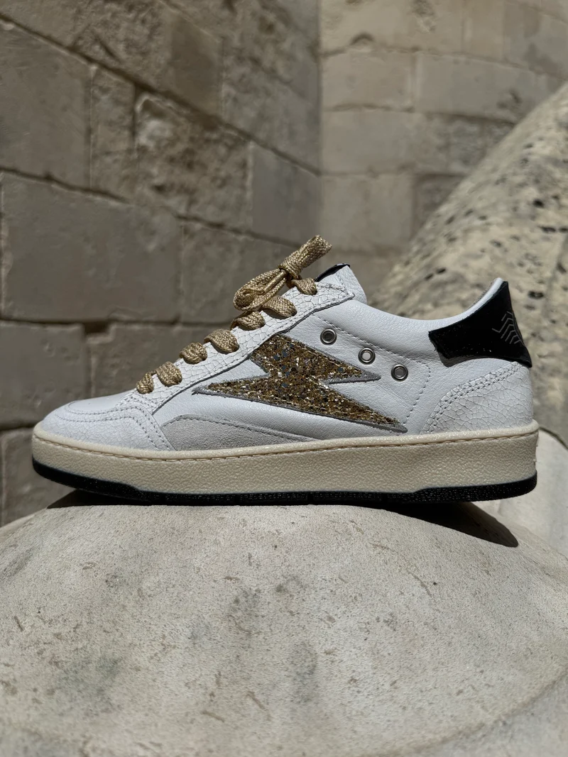 Basket blanche en cuir éclair à paillettes doré DANY C837 Semerdjian