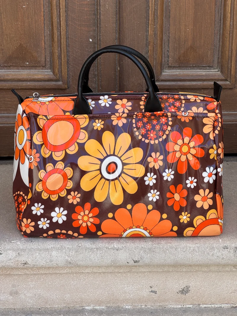 Sac imprimé fleuri marron, orange et jaune N°26 BOWLING Hippocampe