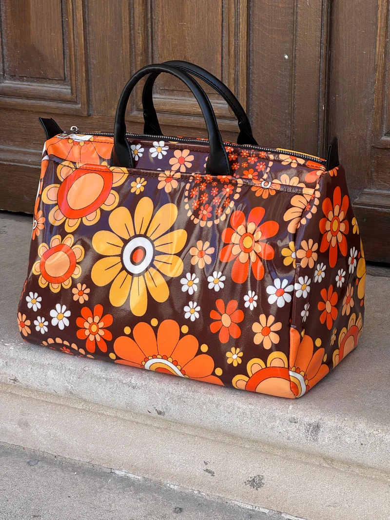 Sac imprimé fleuri marron, orange et jaune N°26 BOWLING Hippocampe