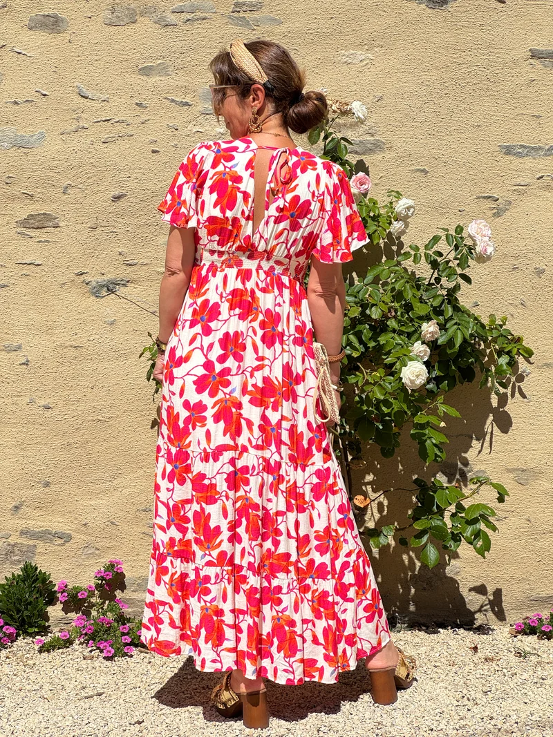 Robe floral rouge, rose, orange et bleu fond crème MARIBEL In April 1986