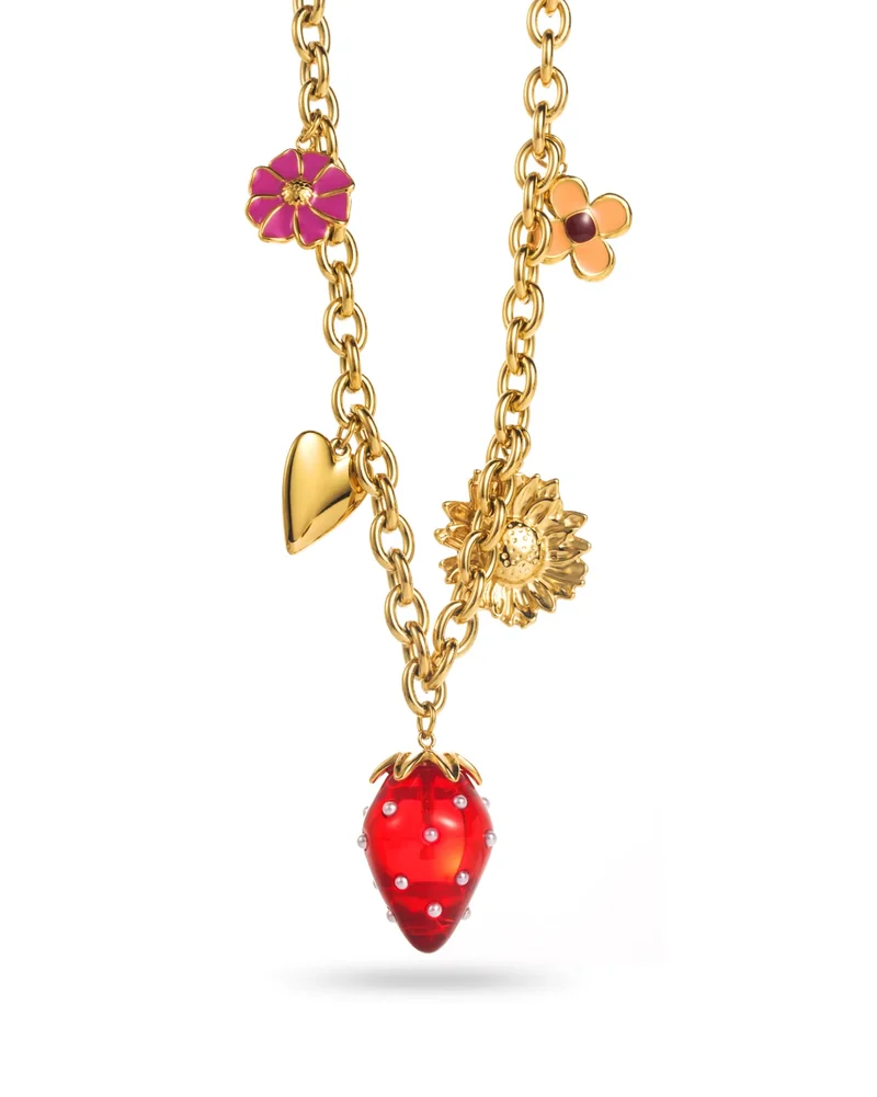 Collier fraise rouge doré en acier inoxydable