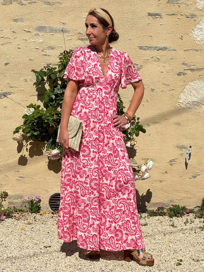 Robe fuchsia beige empire longue SELYA In April 1986