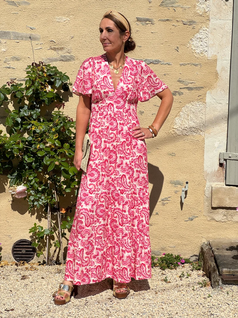 Robe fuchsia beige empire longue SELYA In April 1986