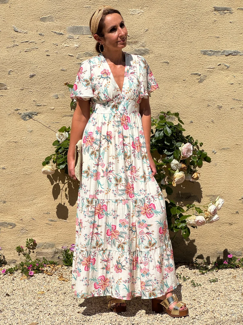 Robe floral multicolore longue fond blanc empire LOMY In April 1986