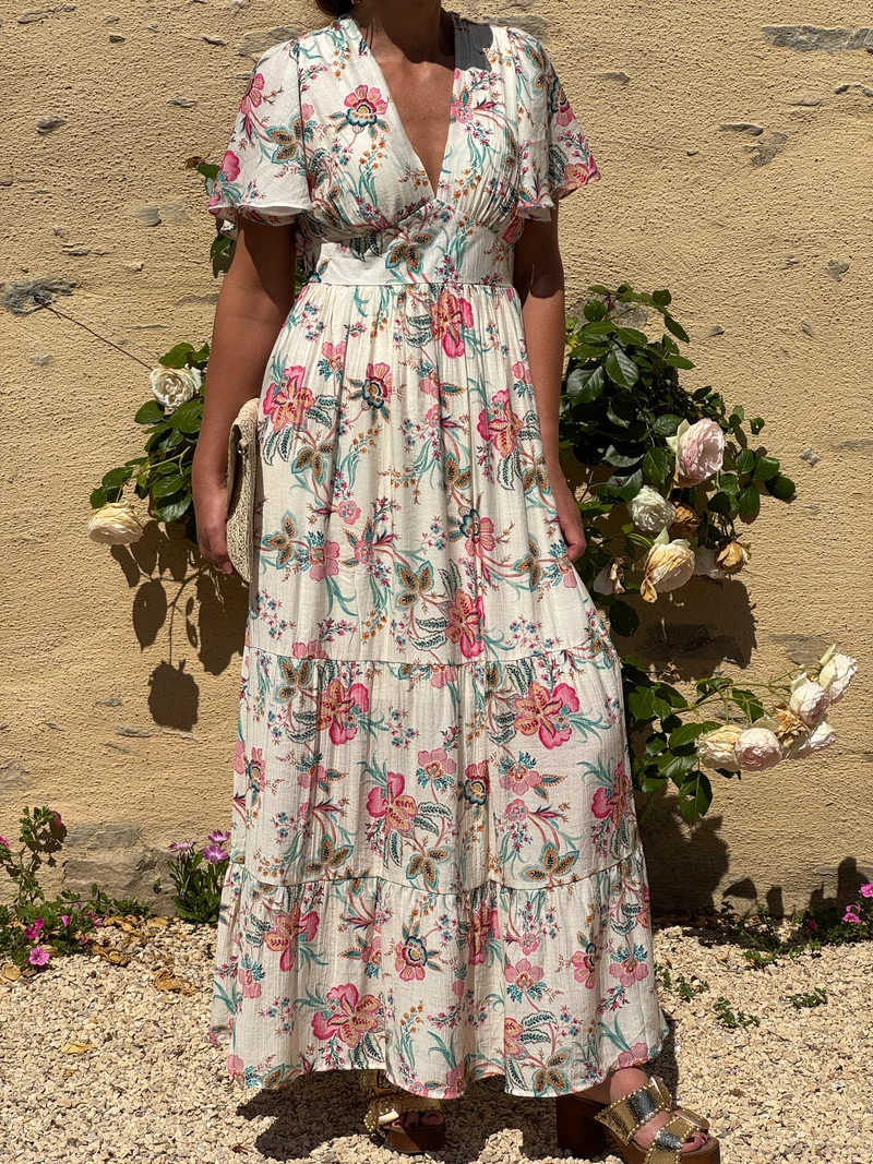 Robe floral multicolore longue fond blanc empire LOMY In April 1986