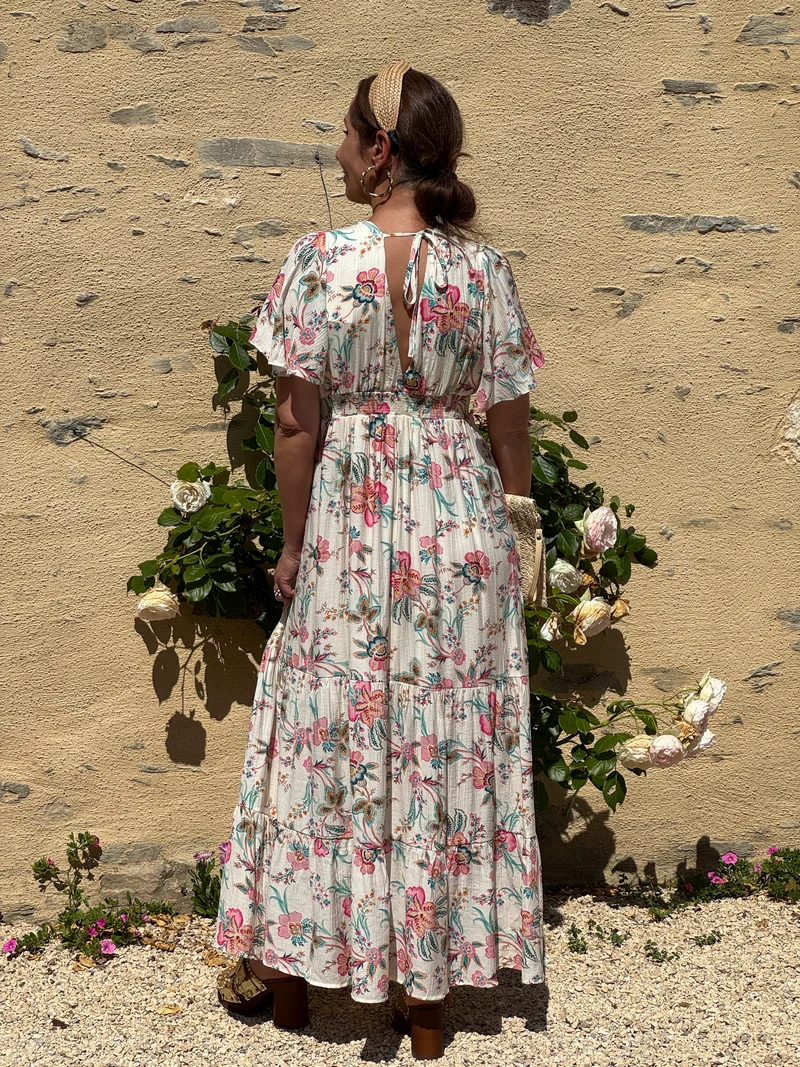 Robe floral multicolore longue fond blanc empire LOMY In April 1986