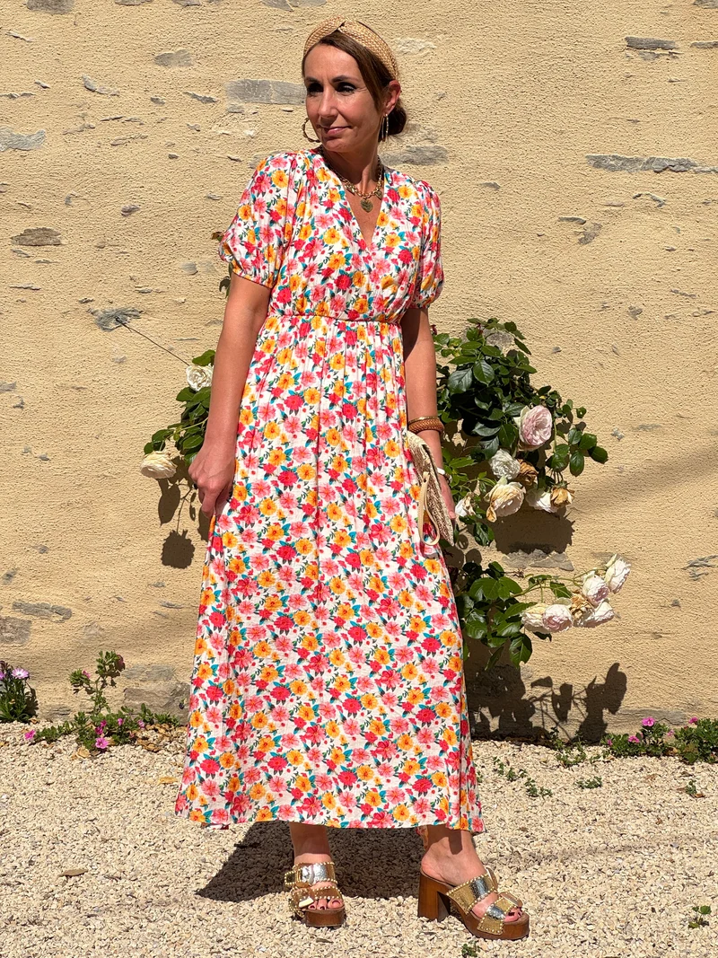 Robe imprimé floral multico pastel fond beige MARION In April 1986