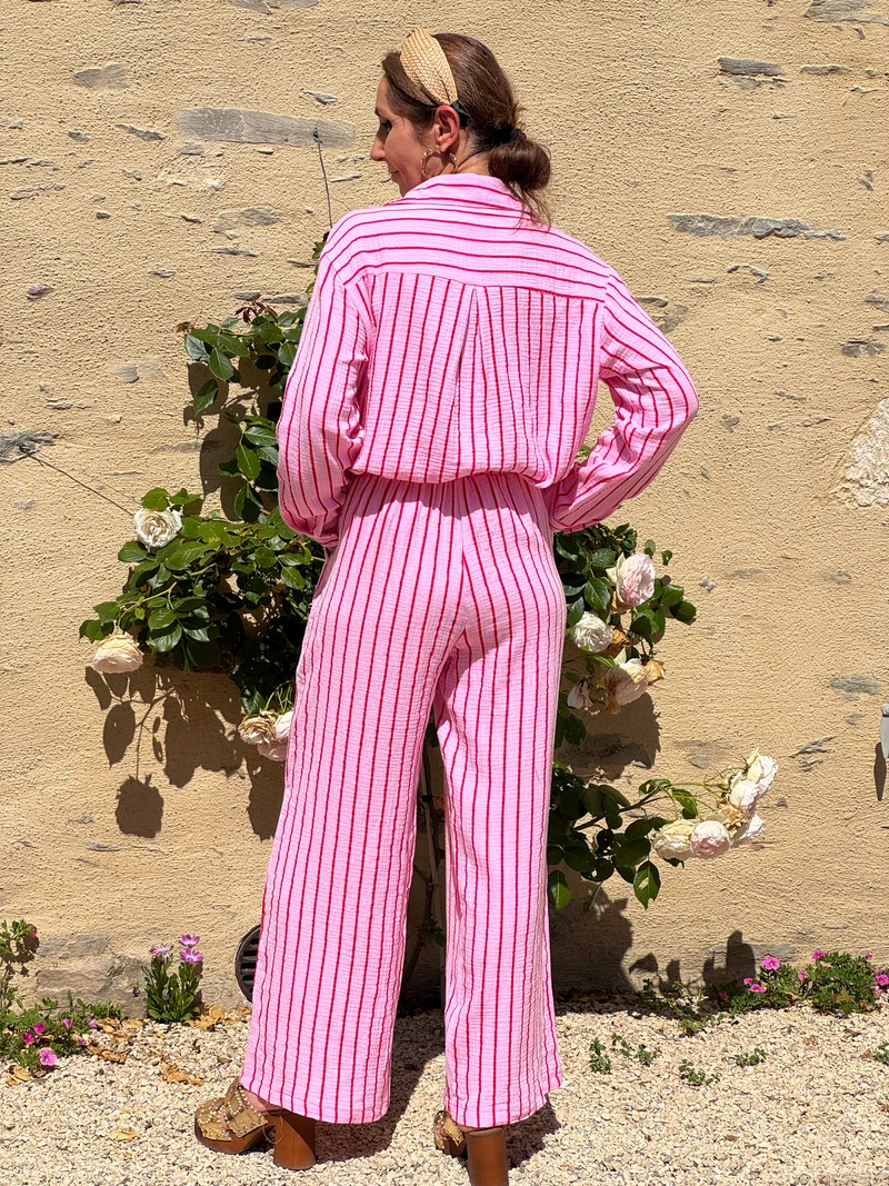 Pantalon rayé rouge fond fuchsia gaze de coton KALLY In April 1986