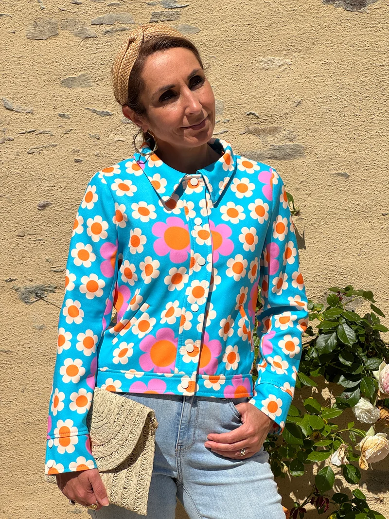 Veste marguerites bleu turquoise FLOWER POWER Hippocampe