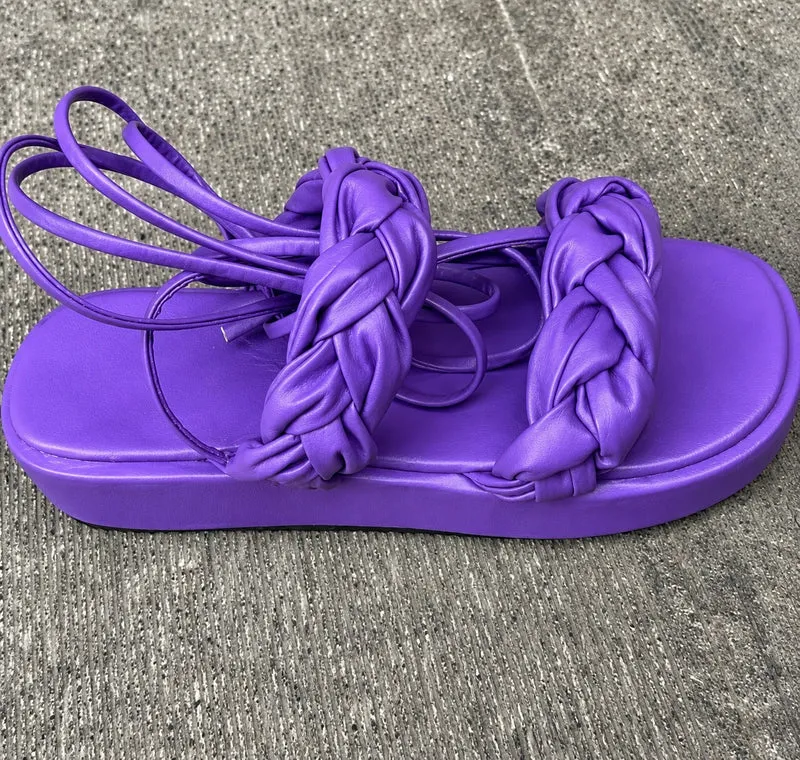 Women's Gladiator Sandal with Purple Lace-Up Closure