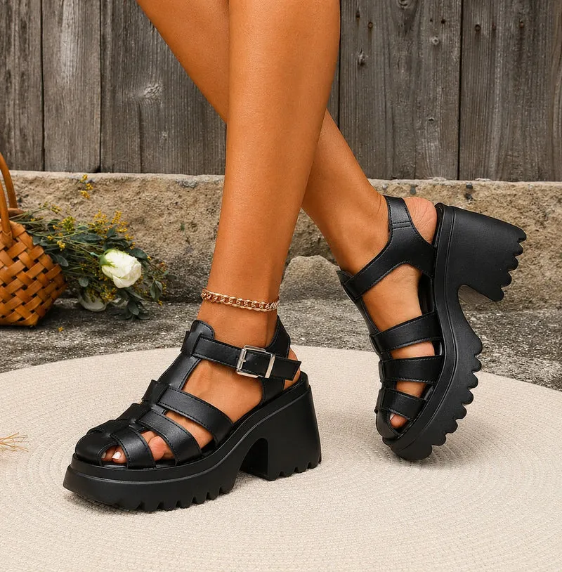 Women's Black Thick Heeled Gladiator Sandal