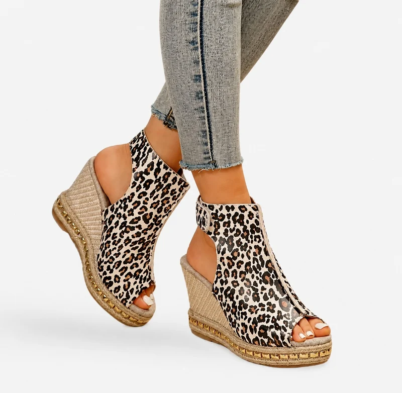 Leopard Wedge Sandal with Velcro Closure