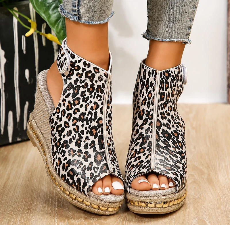 Leopard Wedge Sandal with Velcro Closure