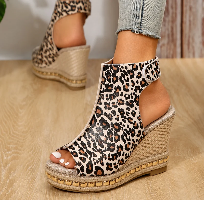 Leopard Wedge Sandal with Velcro Closure