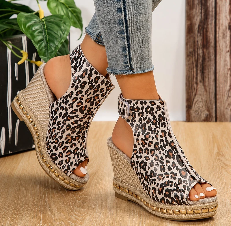 Leopard Wedge Sandal with Velcro Closure