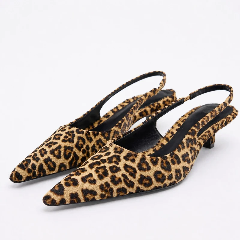 Leopard Pointed Sandal with Low and Thin Heel