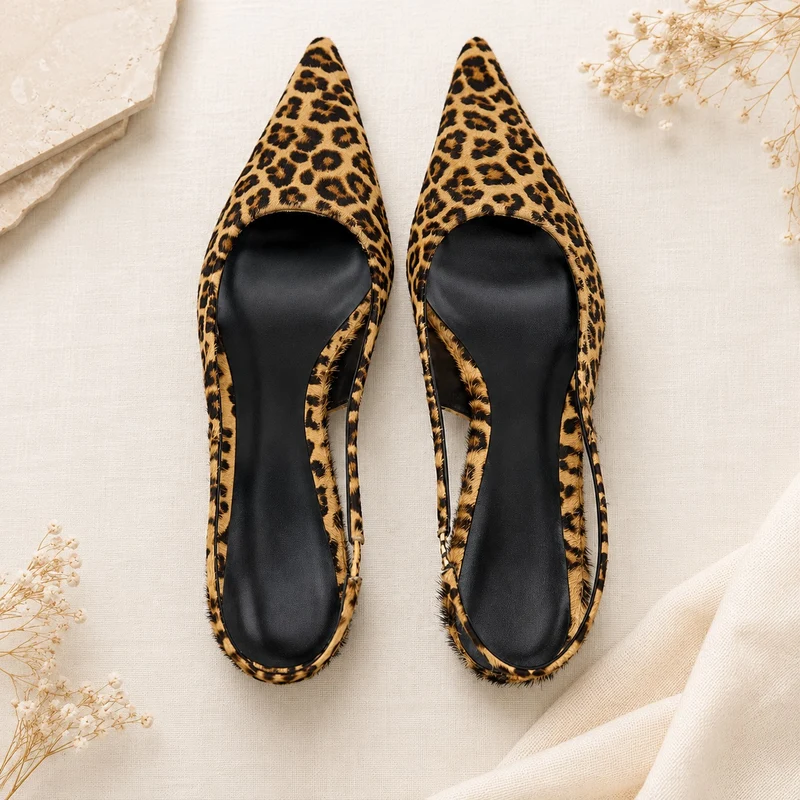 Leopard Pointed Sandal with Low and Thin Heel