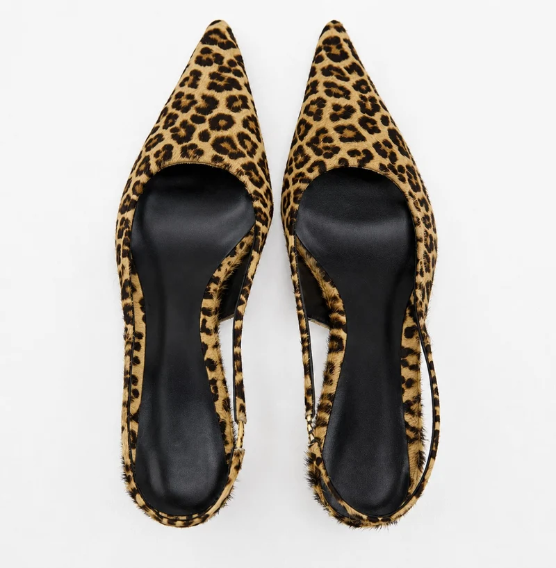 Leopard Pointed Sandal with Low and Thin Heel