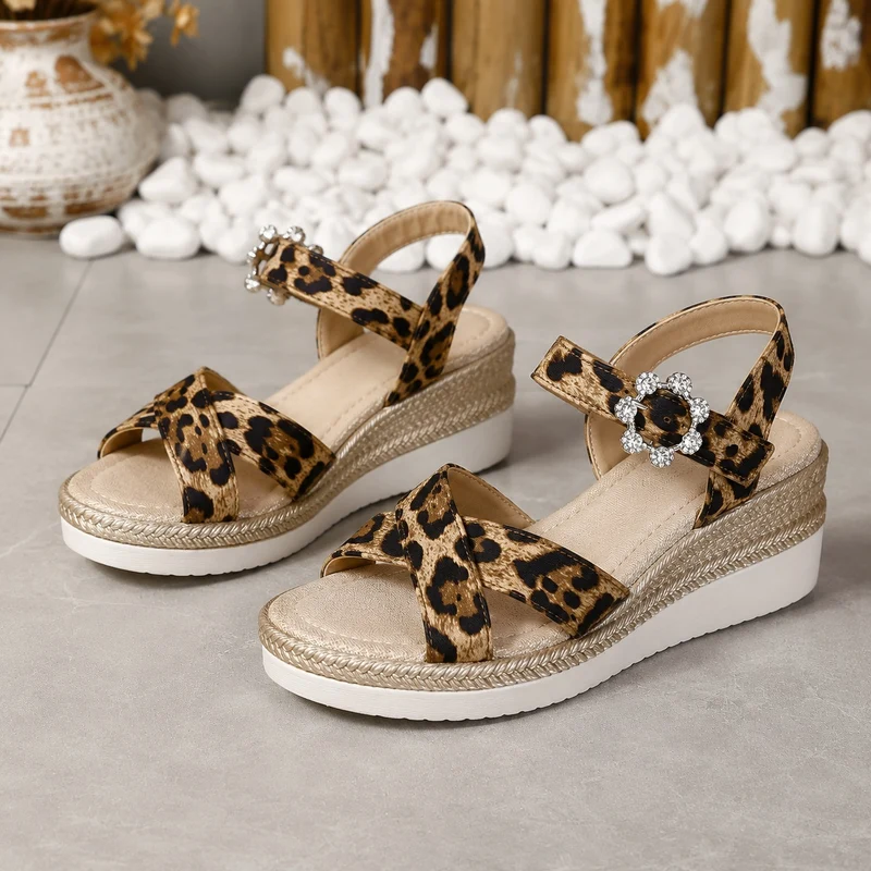 Leopard Wedge Sandal with Buckle Closure