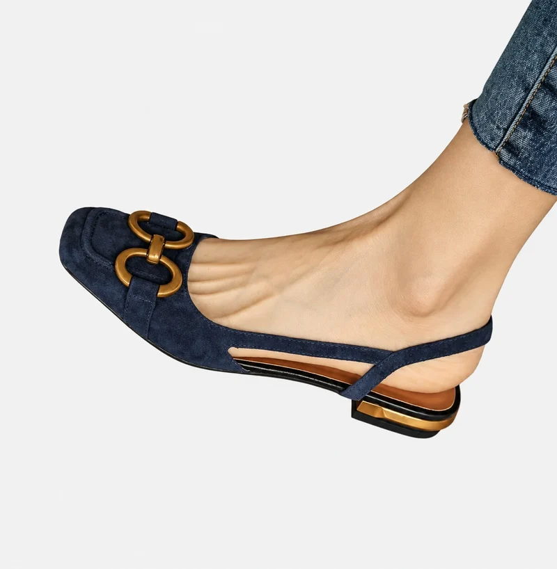 Elegant Navy Blue Low Square Heel Sandal